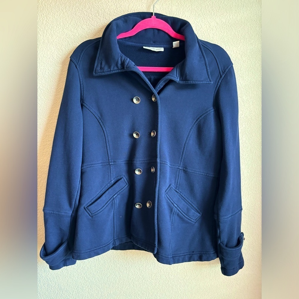 Coldwater Creek Navy Double Breasted Pea Coat Style Sweater With Detachable Hood